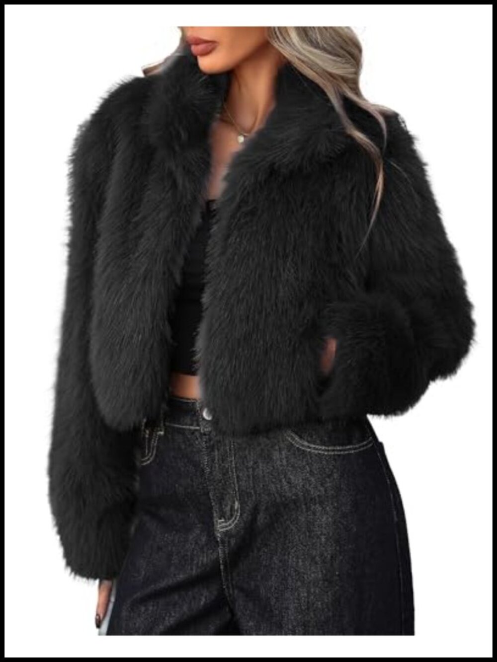 Faux Fur Open Front Stand Collar Fluffy Cropped Coat
